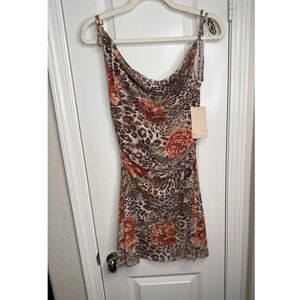 Persaya Leopard Floral Cowl Neck Mini Dress Tie Strap Ruched Mesh PDC9620 Small